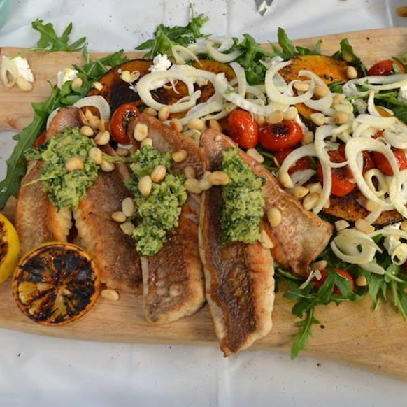 Pan Seared Snapper with Grilled Veggies Salad and Macadamia Pesto - Brookfarm